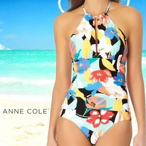 Anne Cole Tropical Black Blue Floral High Neck One Piece Ruffle Strap Swimsuit